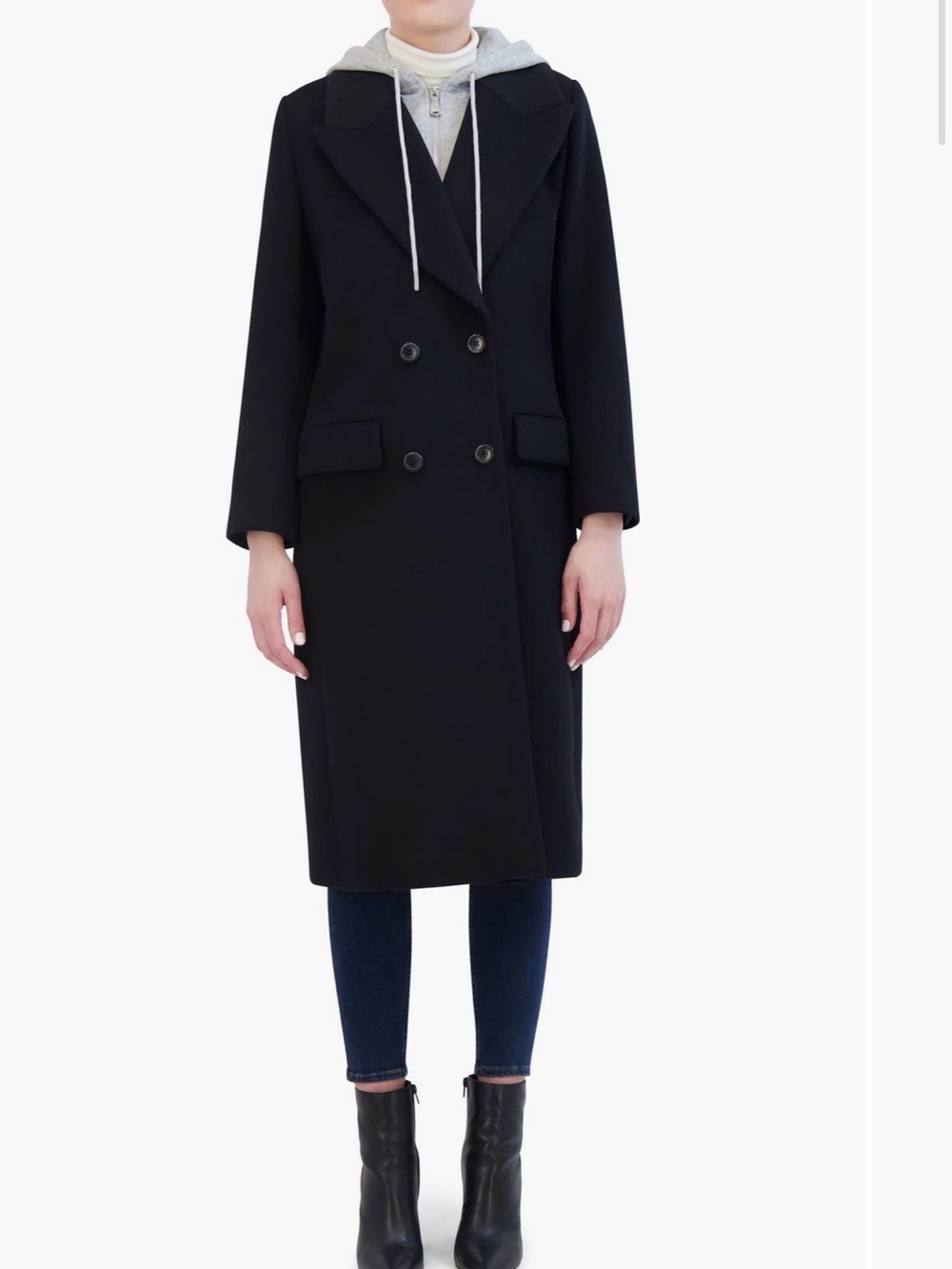 Rebecca Minkoff Double Breasted Longline Coat with Jersey Hooded Bib